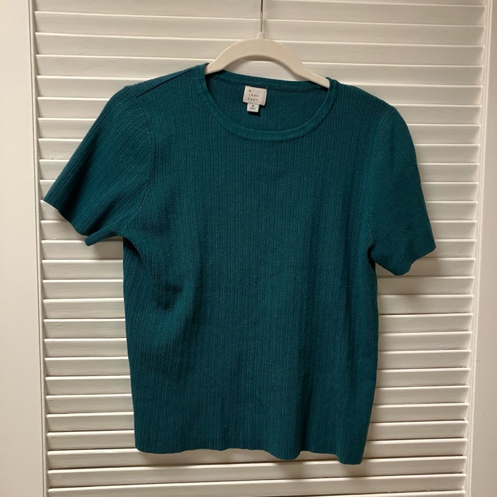 Teal Ribbed Knit Cropped Sweater